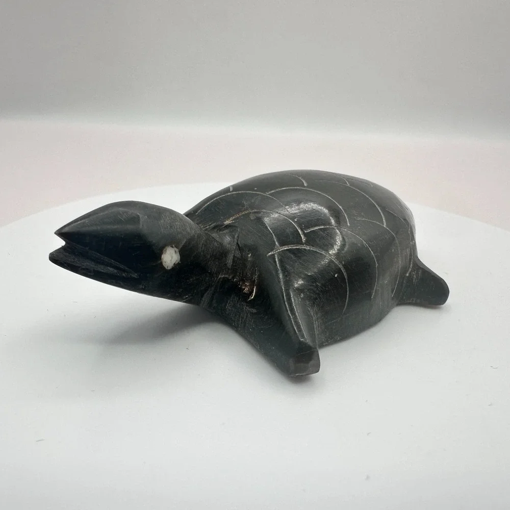 Vintage 90s Black Turtle Figurine Inlay Eyes Hand Carved‎ Home Decor Accessories